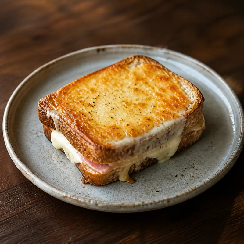 皿に盛り付けた、ハムととろけるチーズのホットサンド